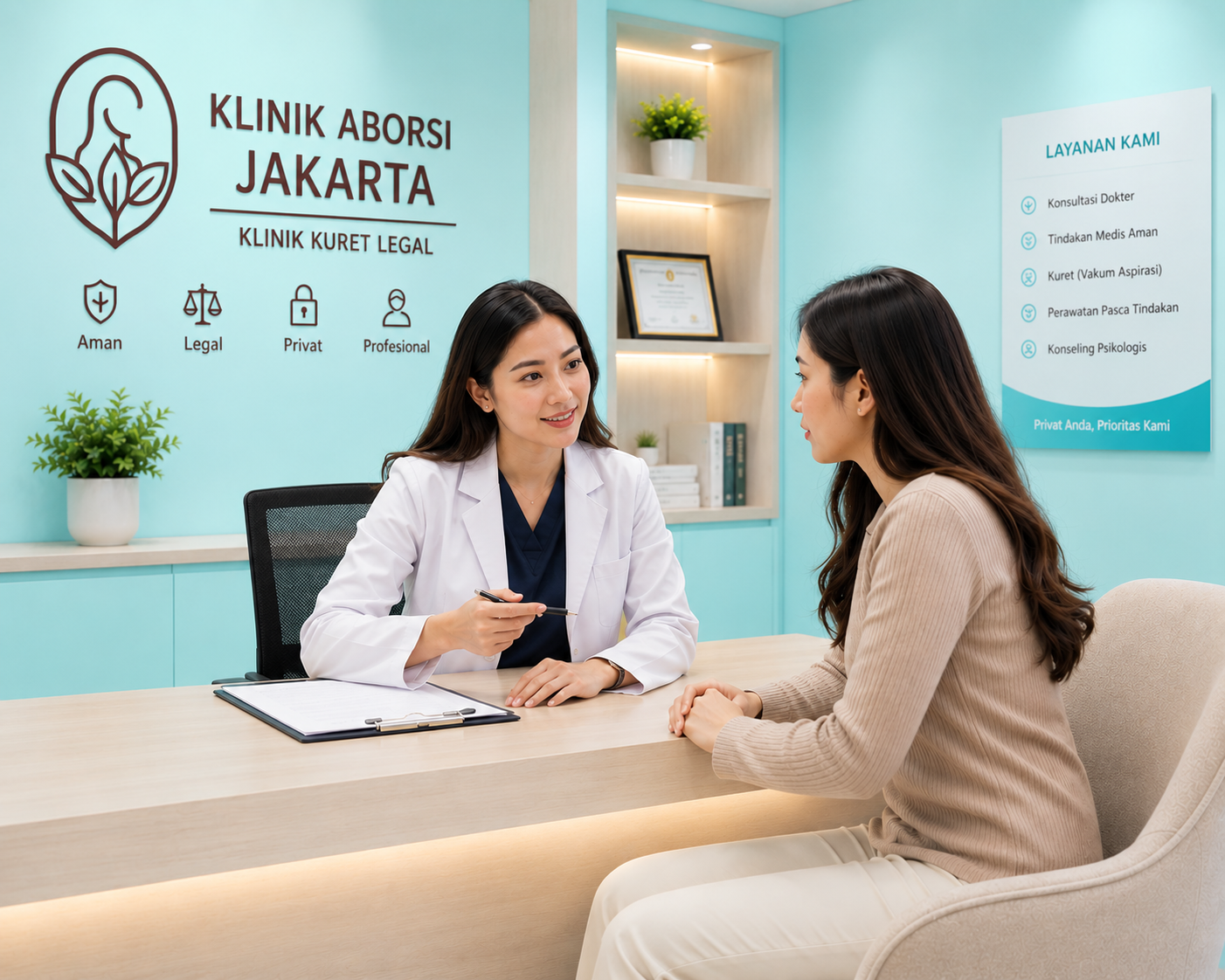 Dokter perempuan sedang berkonsultasi dengan pasien di ruang konsultasi Klinik Aborsi Jakarta